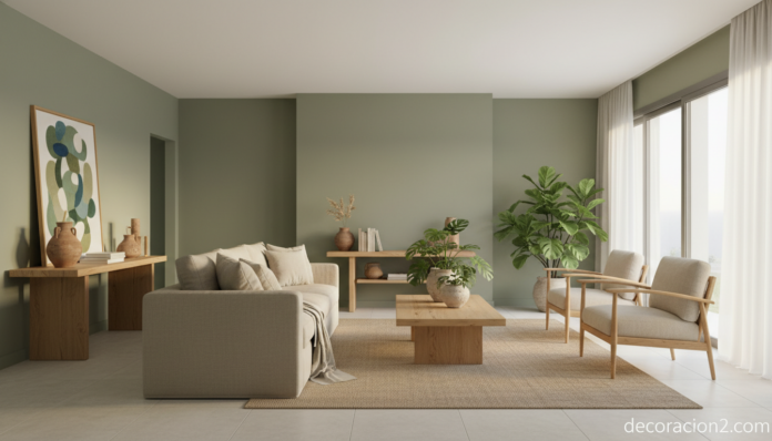 Salón moderno con paredes pintadas en verde salvia y mobiliario natural