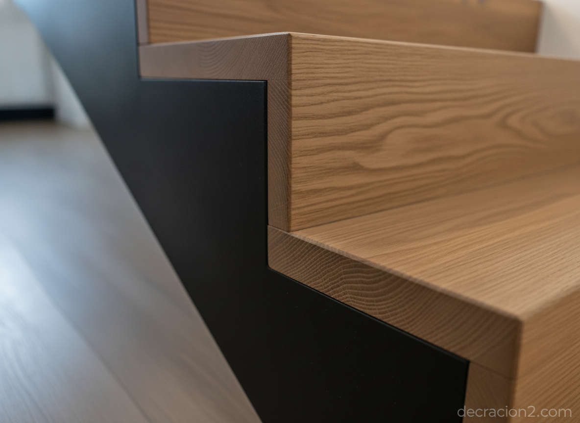 Detalle de los peldaños de madera y la estructura metálica de una escalera moderna