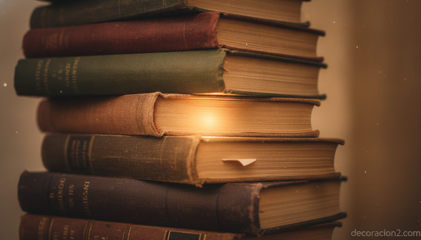 Lámpara reciclada hecha con libros antiguos apilados en detalle