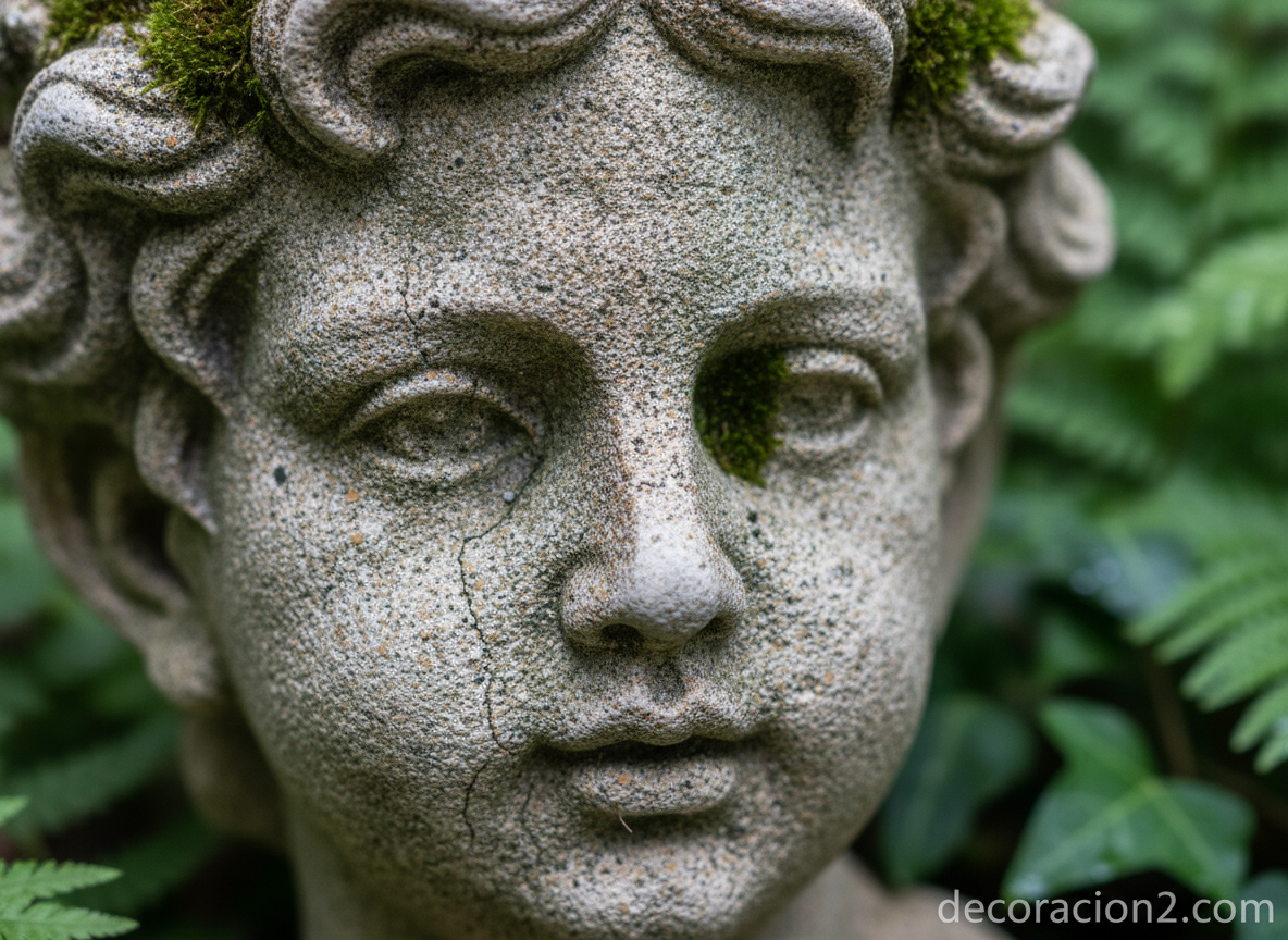 Detalle de la textura y pátina de una escultura decorativa de piedra en el jardín