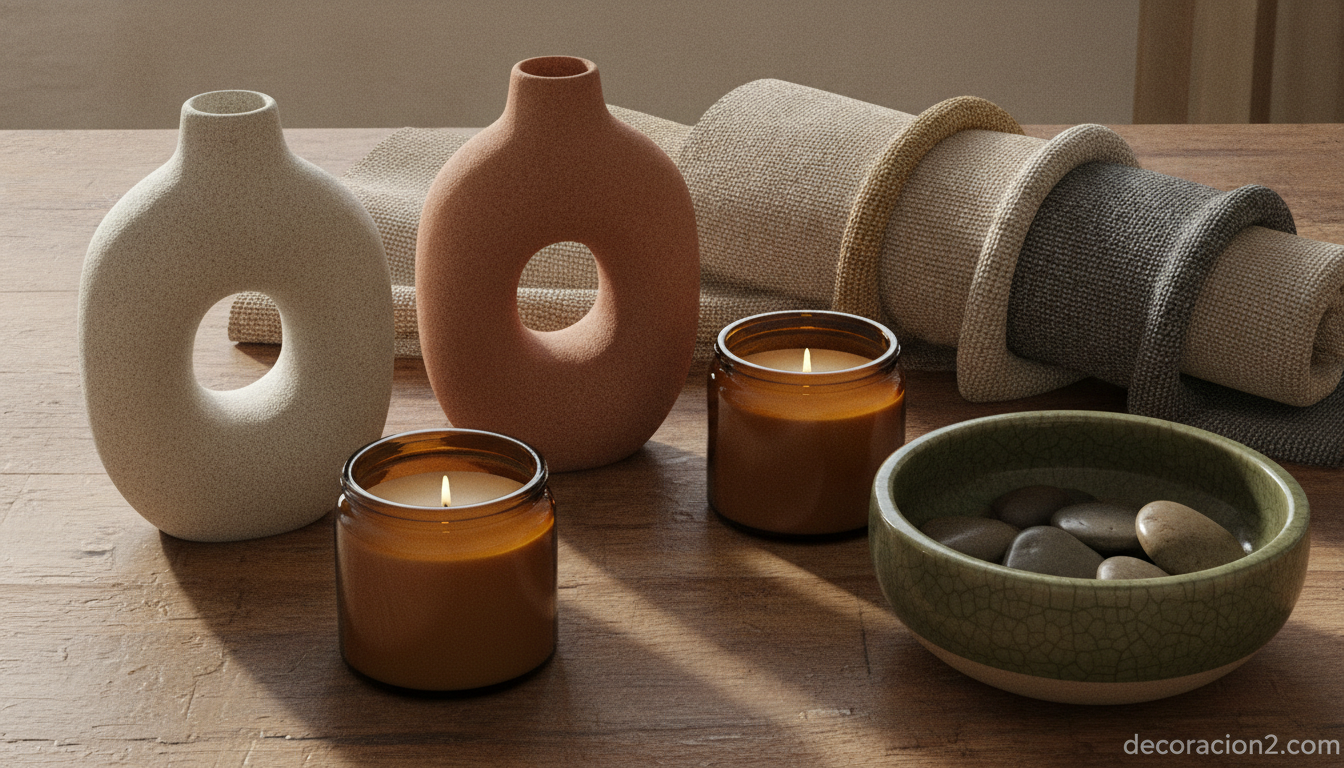 Detalle de cerámica artesanal y textiles naturales, tendencias de decoración del hogar