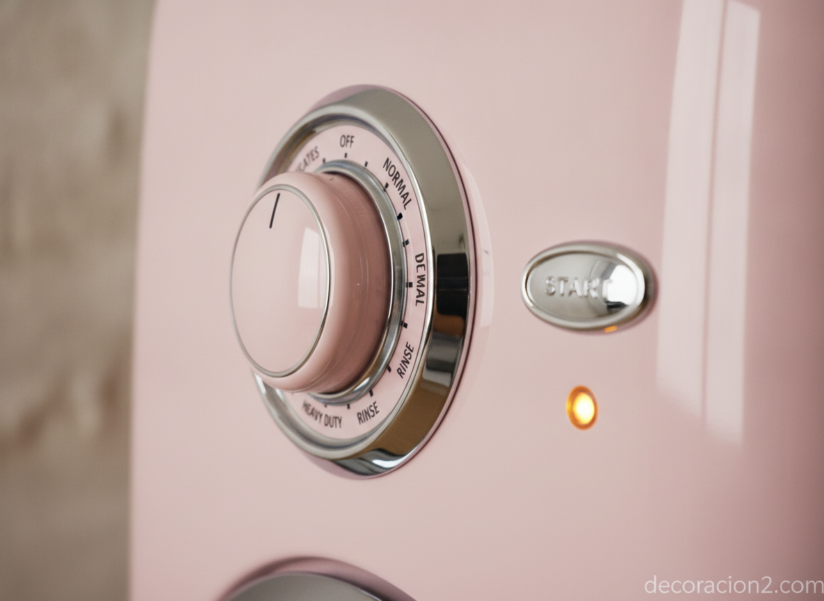 Detalle del cromado y el dial de una lavadora de estilo retro en color rosa pastel