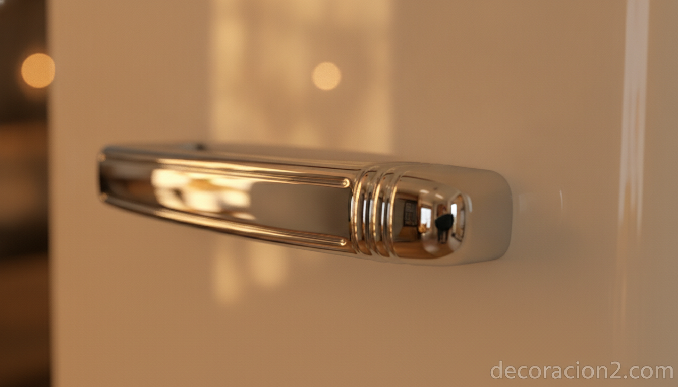 Detalle del tirador cromado y el acabado esmaltado de un frigorífico retro Smeg