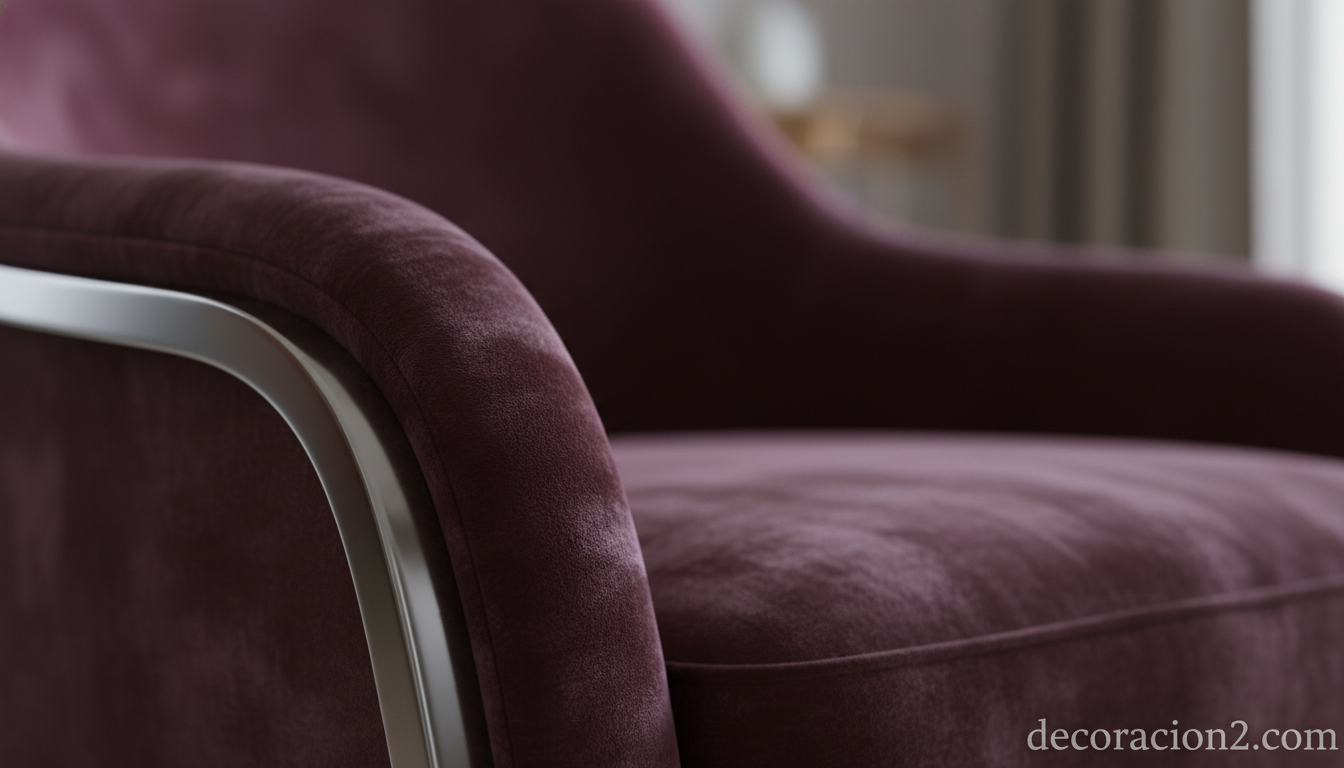 Detalle del terciopelo burdeos del sillón Boomerang con la curva del armazón de acero