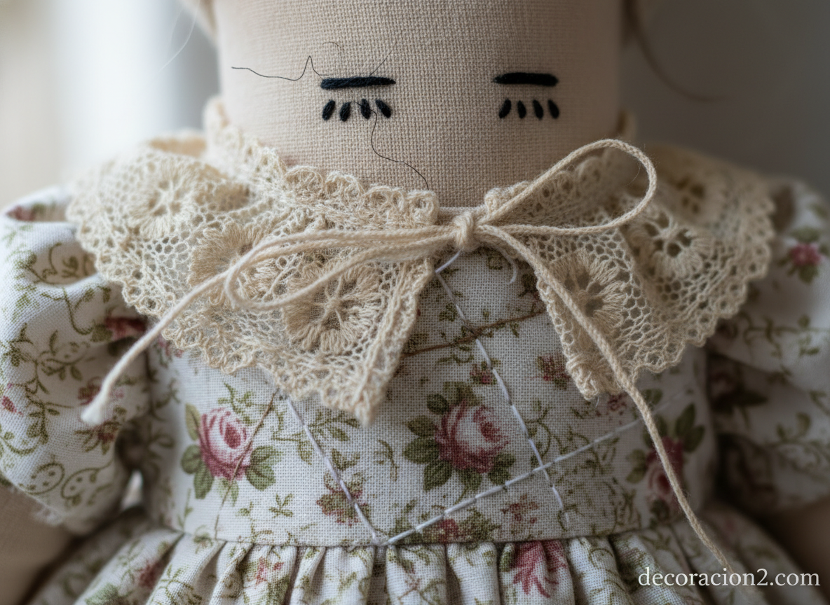 Detalle macro de muñeca de trapo artesanal con bordados y encaje vintage