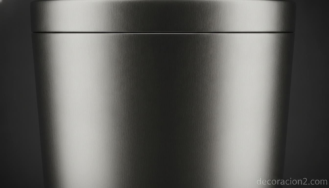 Detalle del acero mate de una papelera de diseño minimalista