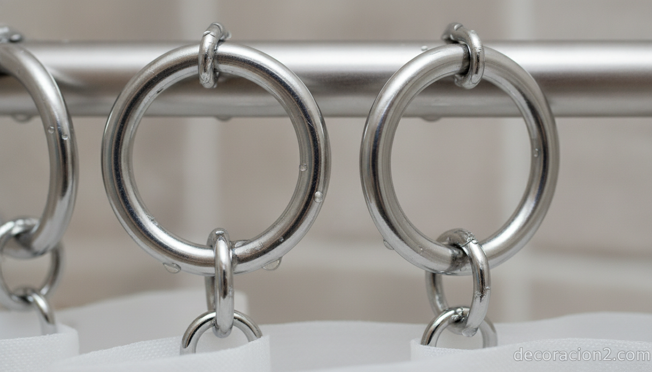 Detalle de las cadenas y anillas metálicas que prolongan la cortina de ducha