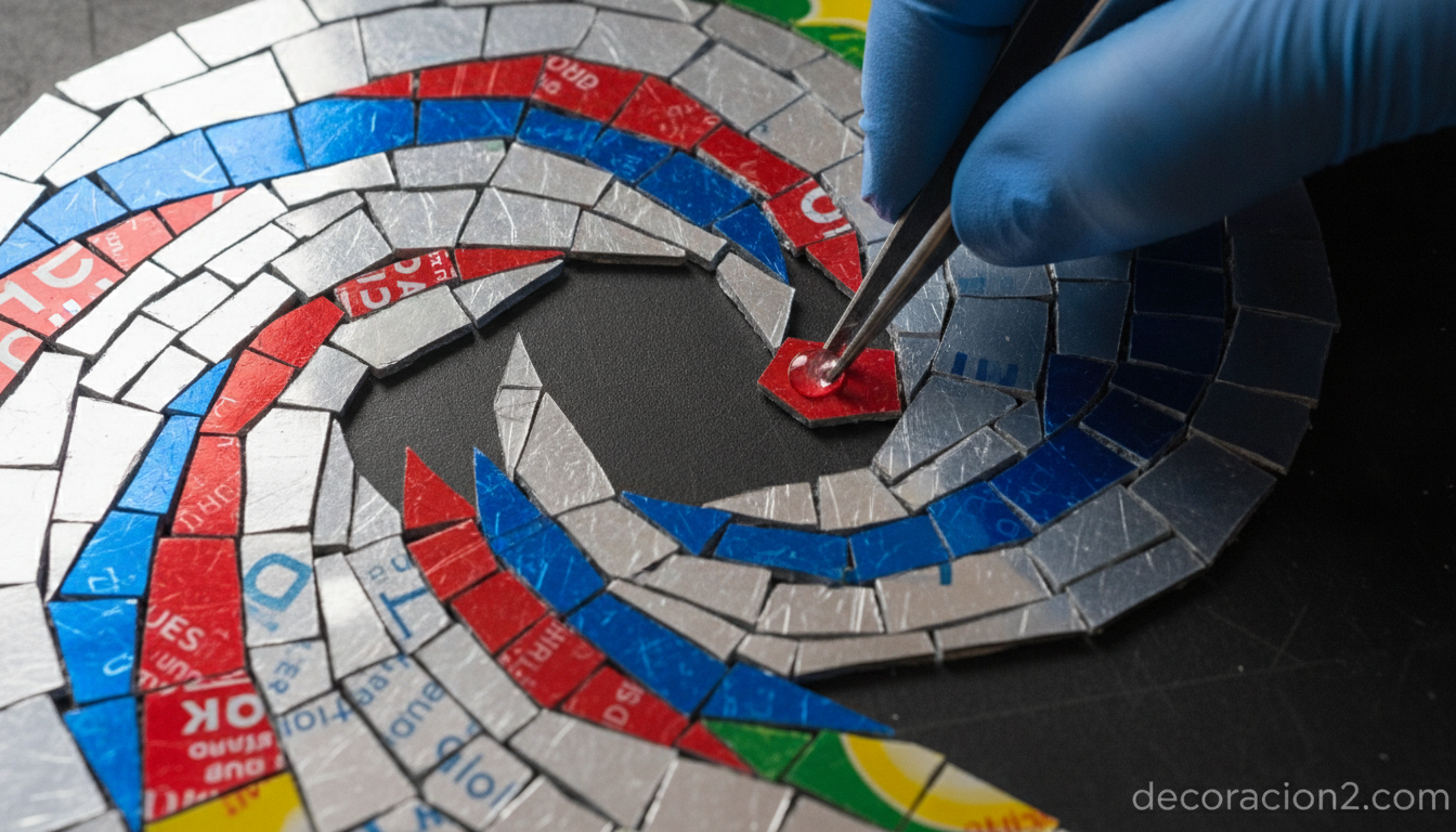 Detalle del mosaico de trozos de lata de aluminio de colores en el marco del espejo