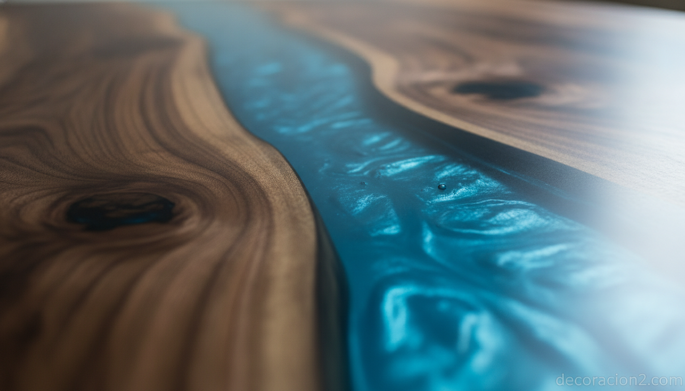 Detalle de la superficie de una mesa de diseño en resina y madera