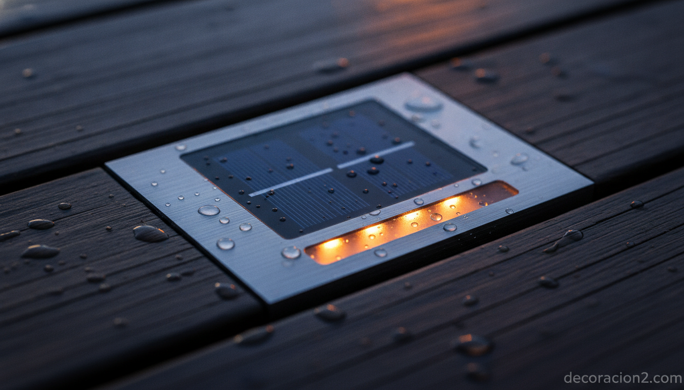 Iluminación solar para el jardín: ilumina tu exterior de forma ecológica 1 Primer plano de una baliza solar de suelo con panel fotovoltaico y luces LED encendidas