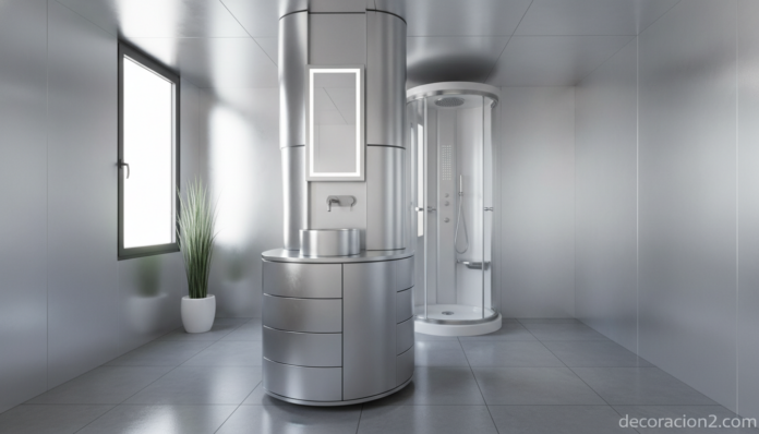 Futuristic compact bathroom with a vertical aluminum column structure containing rotating modular units with integrated si... Baño modular compacto vertical de aluminio con módulos giratorios en un apartamento pequeño