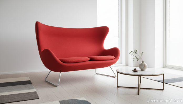 Silla Doble Huevo Cosmos Chair de Johanson Design tapizada en rojo en salón nórdico