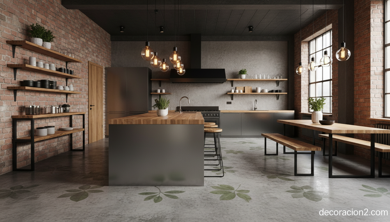 Cocina loft industrial con suelo de hormigón pulido y estampado de hojas