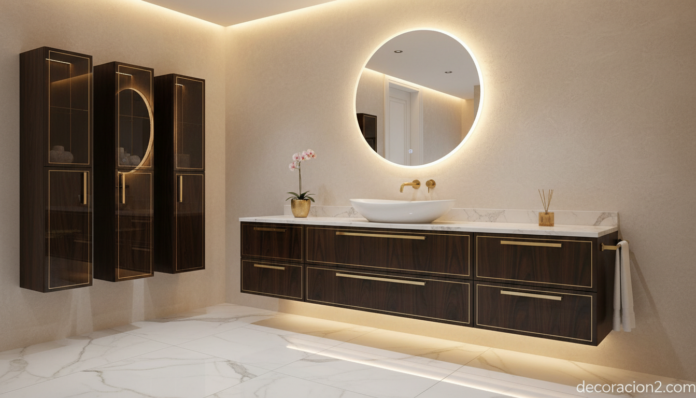Muebles de baño Cerasa de diseño italiano con acabados en madera oscura y dorado