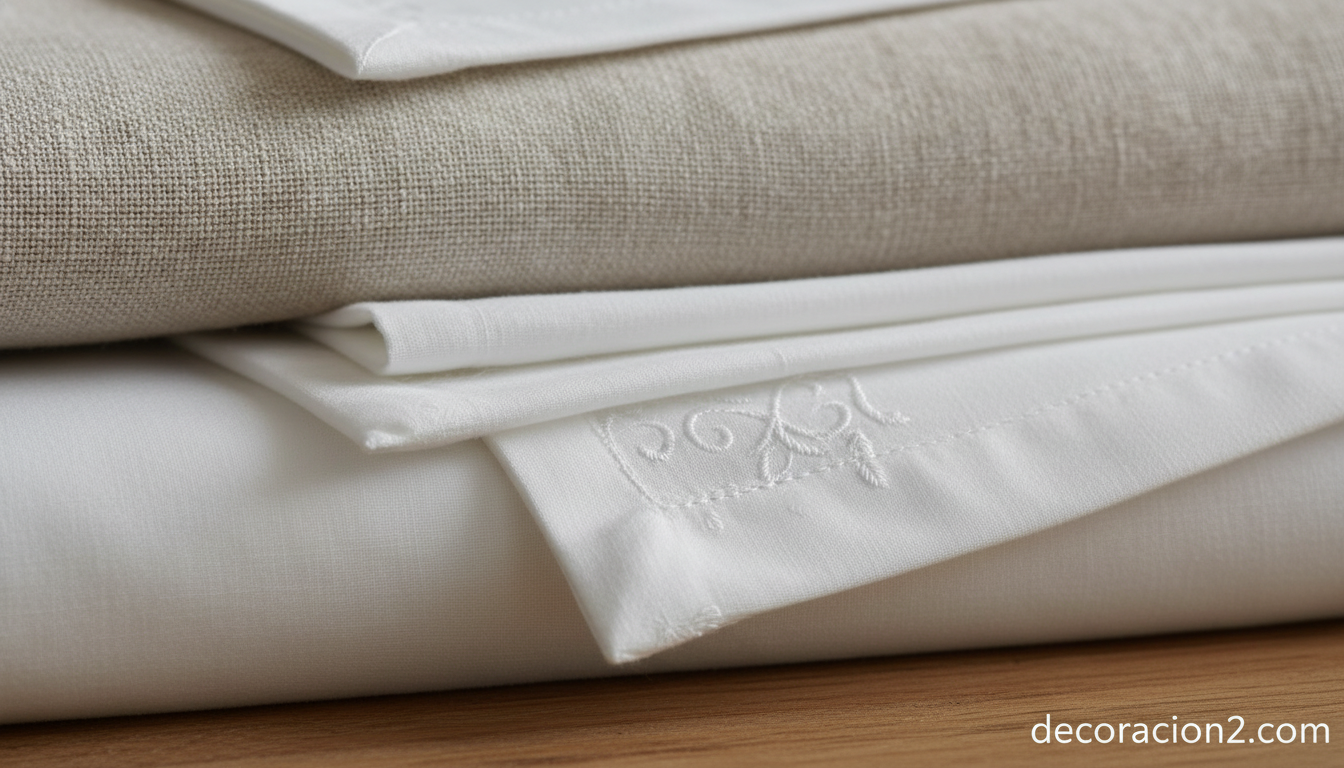 Detalle de tejidos de ropa de cama de algodón y lino para vestir la cama