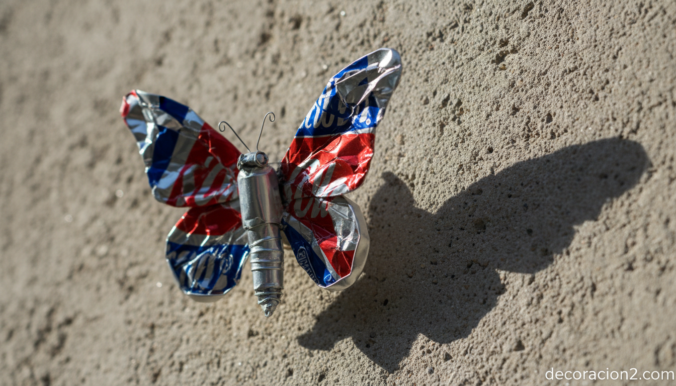 Detalle de mariposa reciclada hecha con lata de aluminio sobre pared texturizada