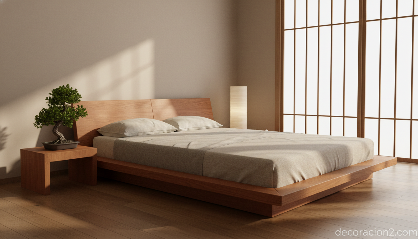 Dormitorio con cama baja japonesa de madera de cerezo Kozai Design