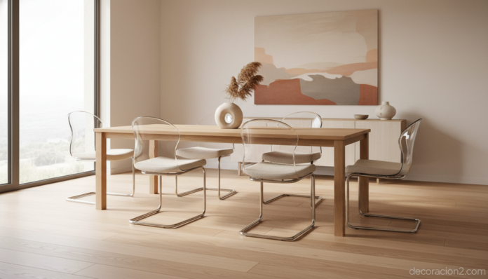 Silla Trance de Artifort en comedor contemporáneo con respaldo transparente