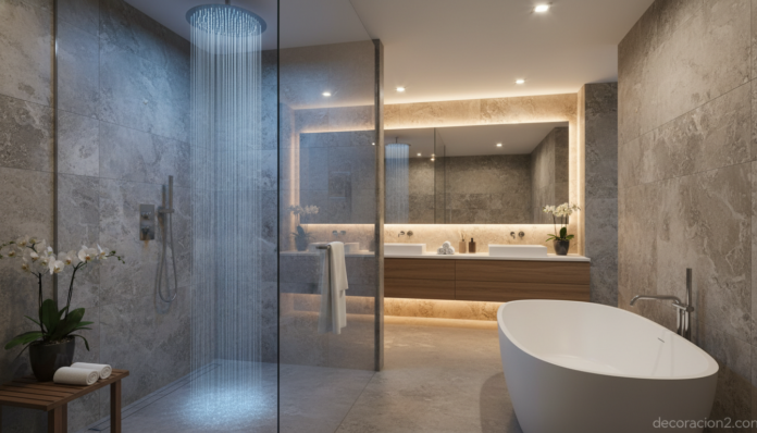 Ducha relajante con luces LED azules en baño moderno tipo spa