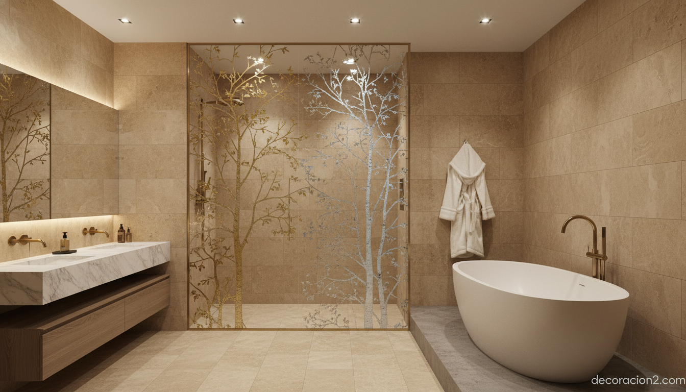 Mampara de ducha con panel de vidrio decorativo con ramas y hojas en baño moderno