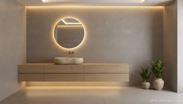 Lavabo de piedra natural en baño contemporáneo de estilo spa