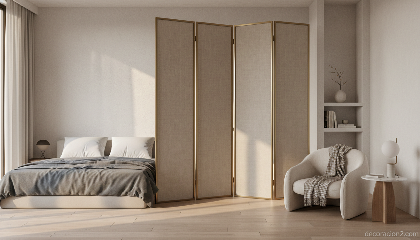 Biombos Armani Casa: separadores de ambientes con estilo italiano para tu hogar 2 Biombo separador en dormitorio creando rincón de lectura con estilo minimalista