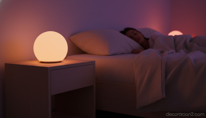 Lámpara para dormir Nightcove sobre mesilla con luz cálida ambar