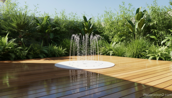 Ducha Viteo blanca con chorros de agua ascendente en jardín moderno