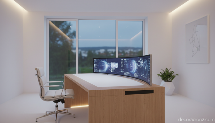 Escritorio con ordenador integrado en home office moderno minimalista