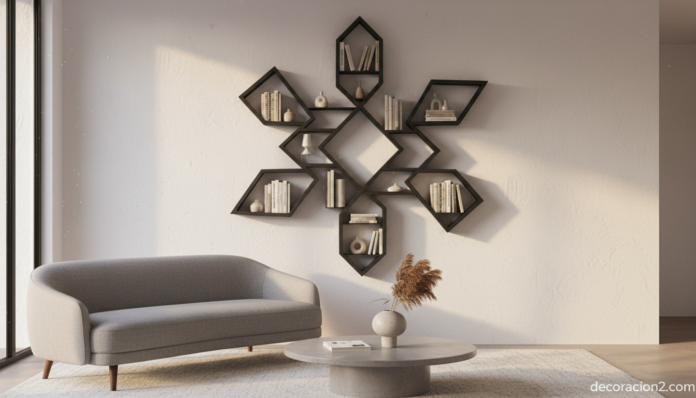 Estantería de diseño Zelli con forma de copo de nieve en un salón moderno