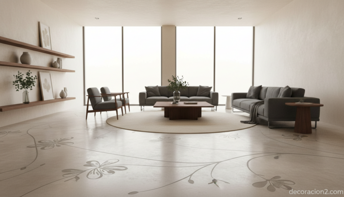 Salón con suelo de hormigón pulido con impresiones florales decorativas