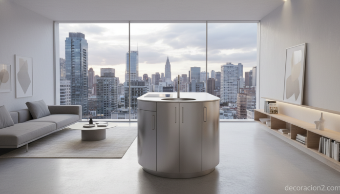 Cocina giratoria cilíndrica de acero inoxidable en estudio urbano pequeño