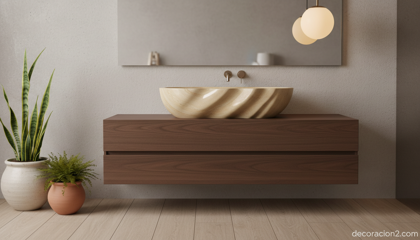 Lavabo de piedra natural Vela con formas orgánicas en baño japandi
