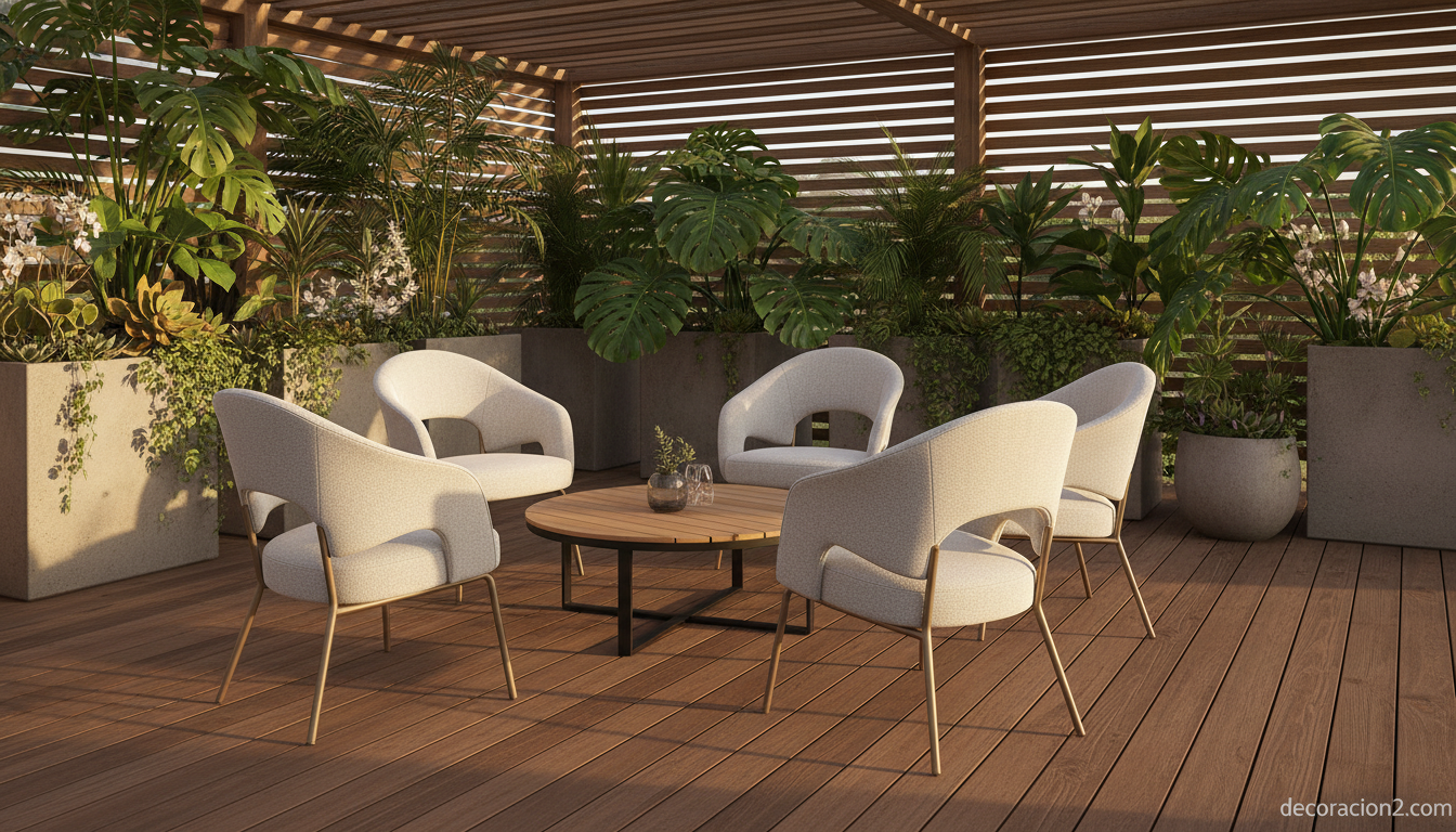 Sillas Trance en terraza exterior con luz dorada y vegetación