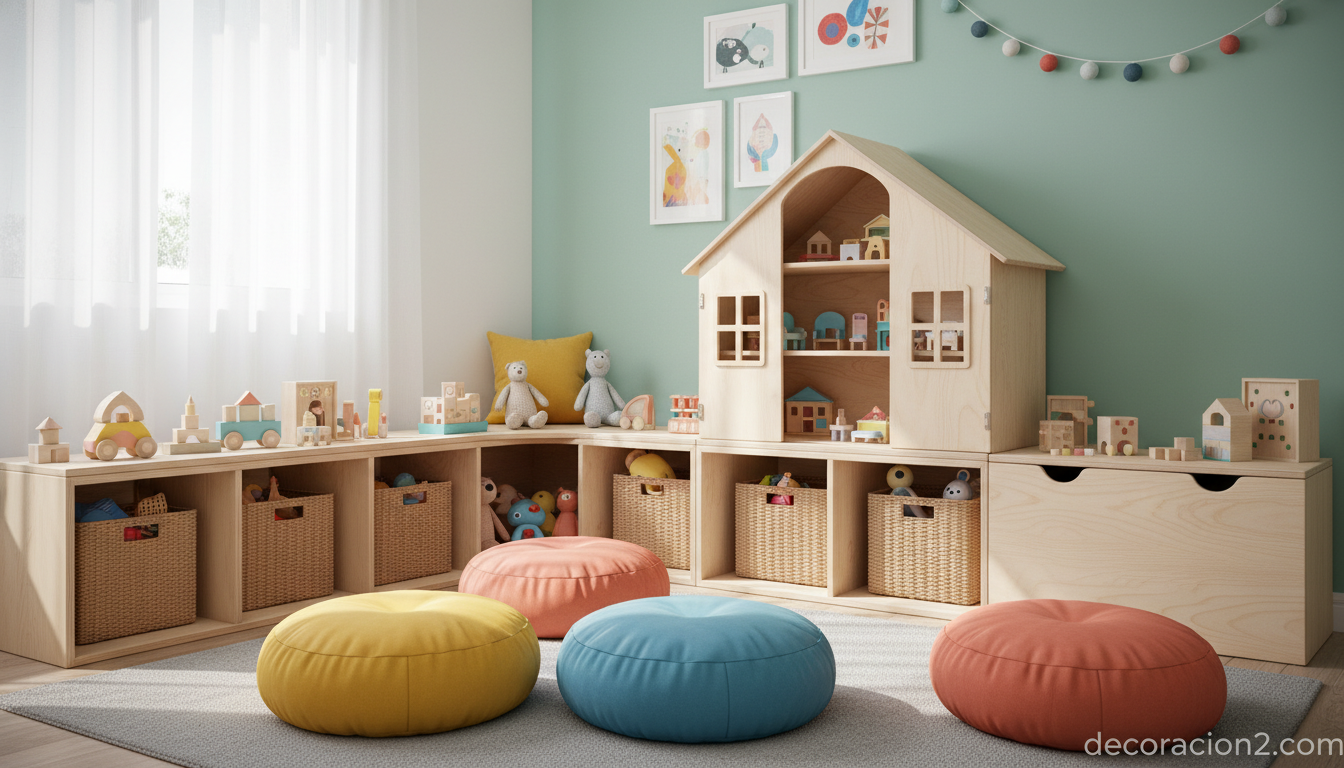 Zona de juegos infantil con mueble bajo de almacenaje y casita de muñecas integrada