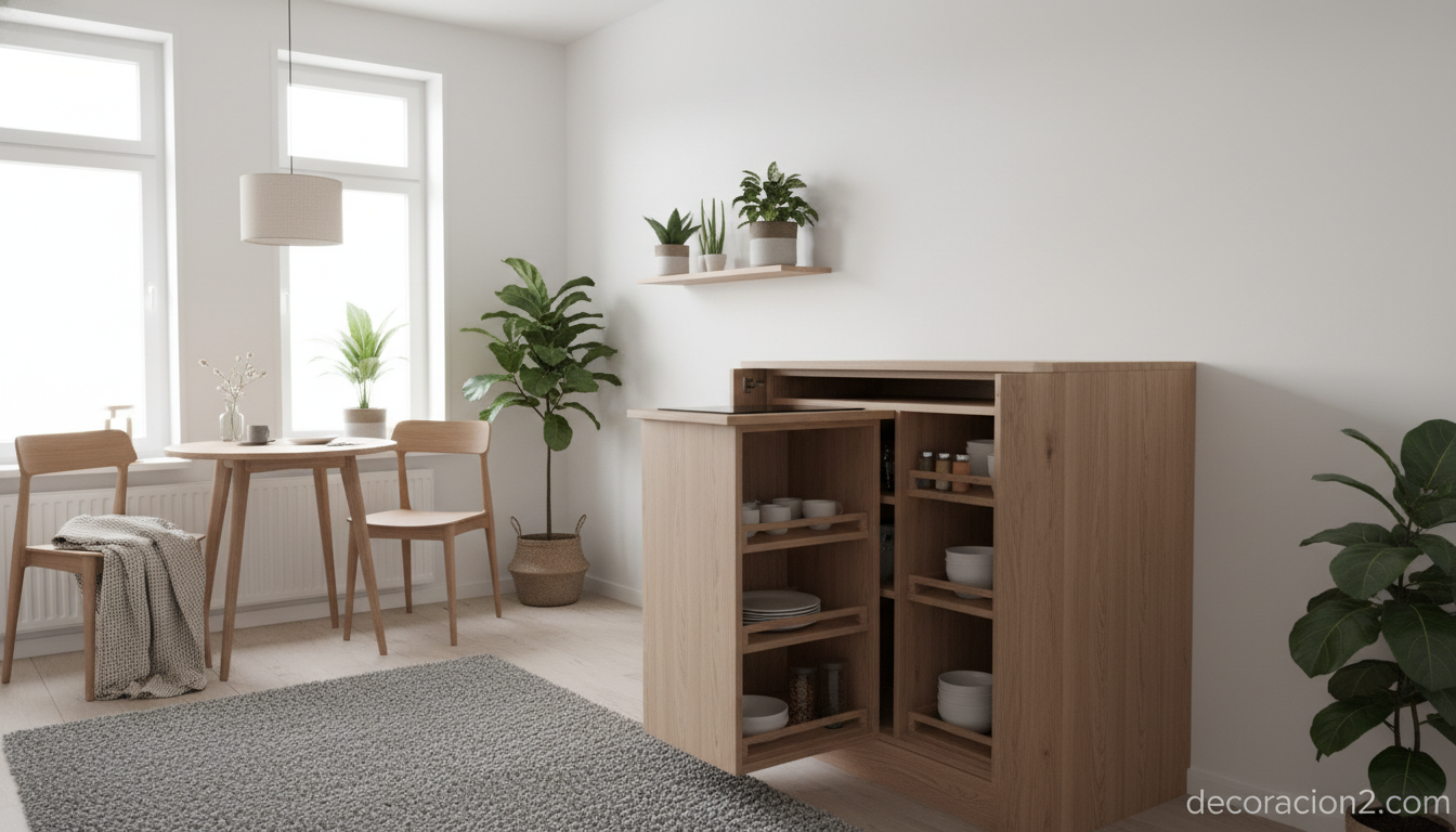 Cocina giratoria oculta en mueble de madera nórdica en micro apartamento