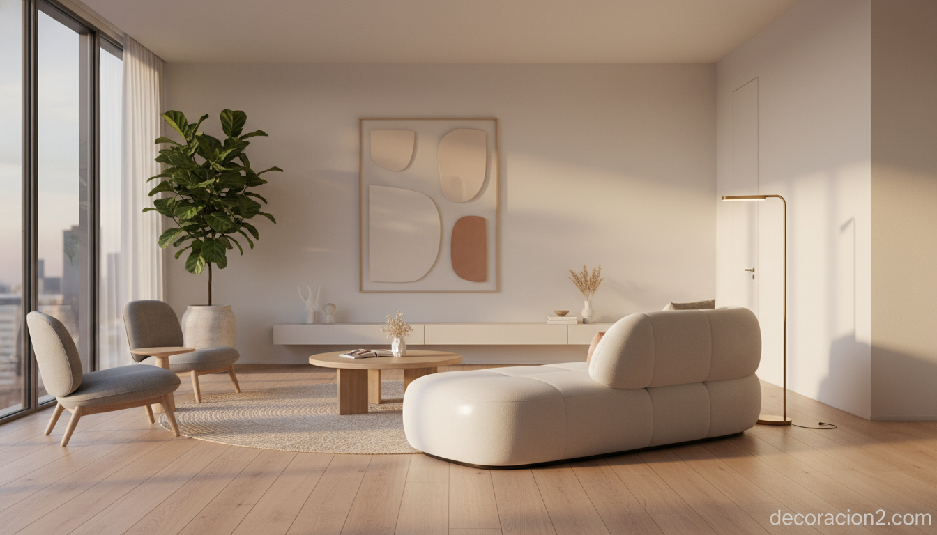 Sofá futurista blanco integrado en salón minimalista contemporáneo