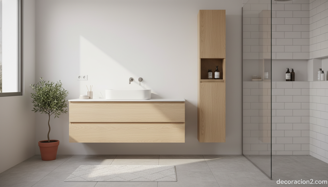 Baño pequeño con mueble modular suspendido de madera clara