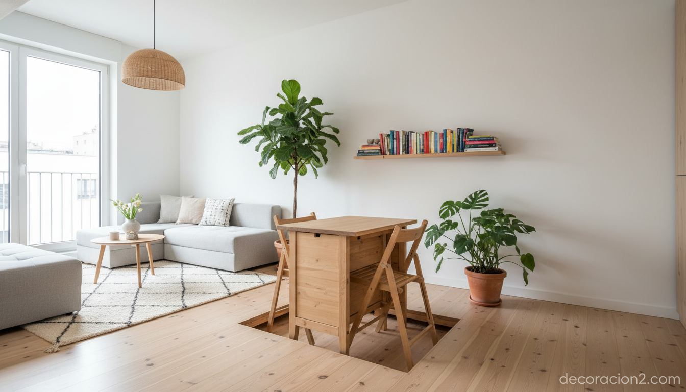 Apartamento pequeño con mobiliario transformable y mesa oculta en el suelo