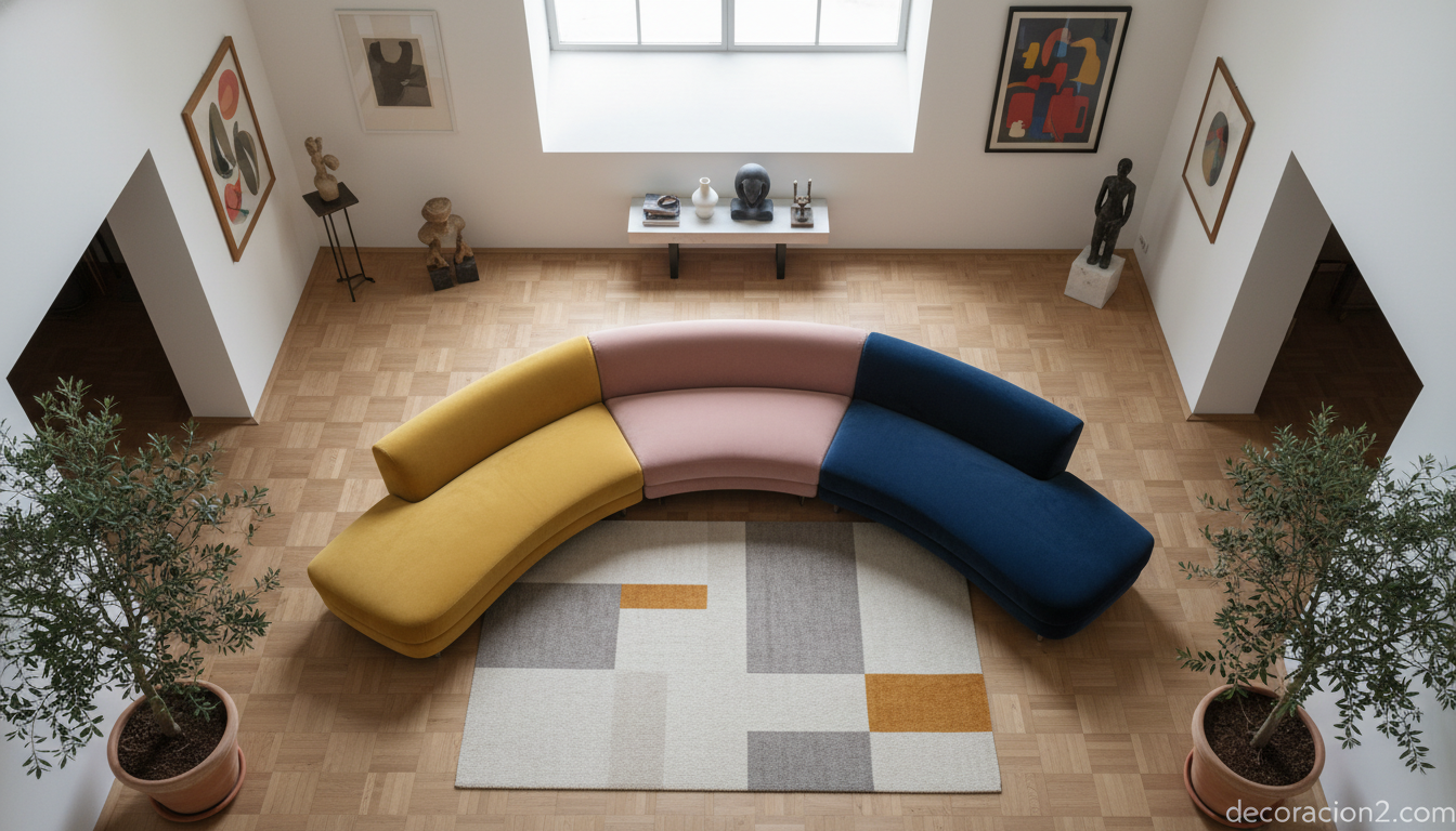 Configuración modular de varios sillones Boomerang formando un sofá ondulado multicolor