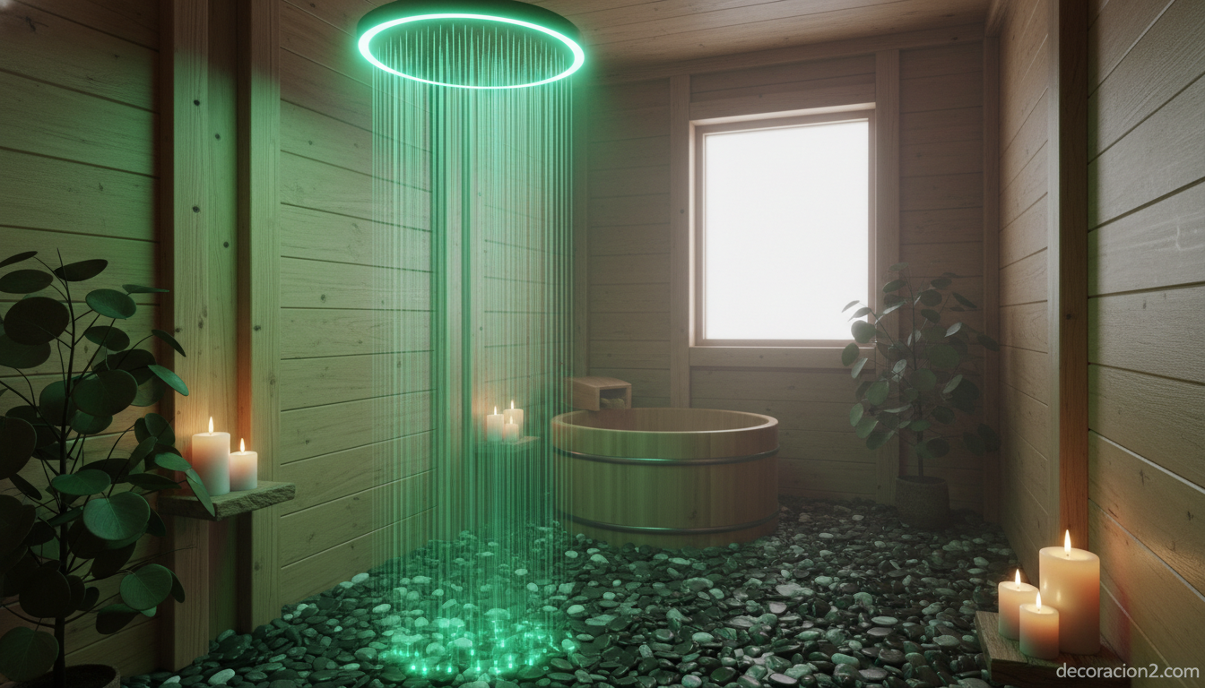 Ducha redonda con luz LED verde en baño zen de madera