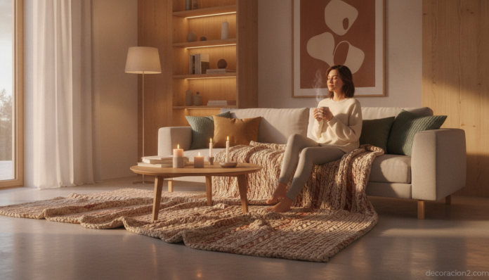 Alfombra calefactable de diseño en un salón acogedor en invierno