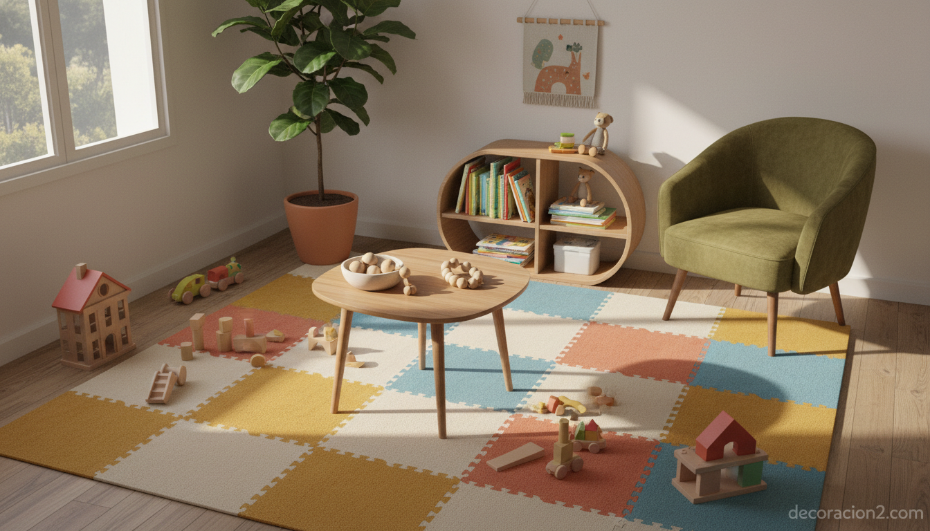 Zona de juego infantil decorada con alfombra modular de colores