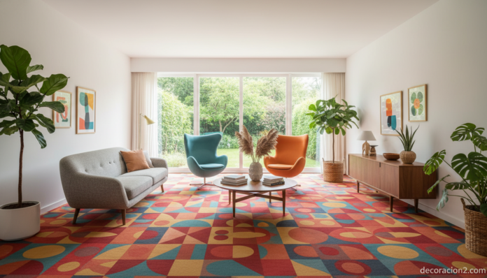 Salón moderno con alfombras modulares de colores de inspiración años 60