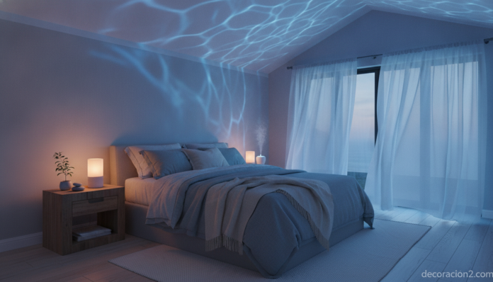 Dormitorio con ambiente relajante en casa y luz azul oceánica