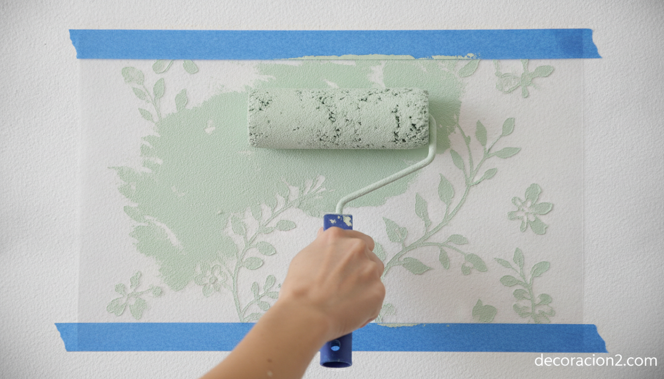 Detalle de la aplicación de pintura con un rodillo sobre una plantilla decorativa