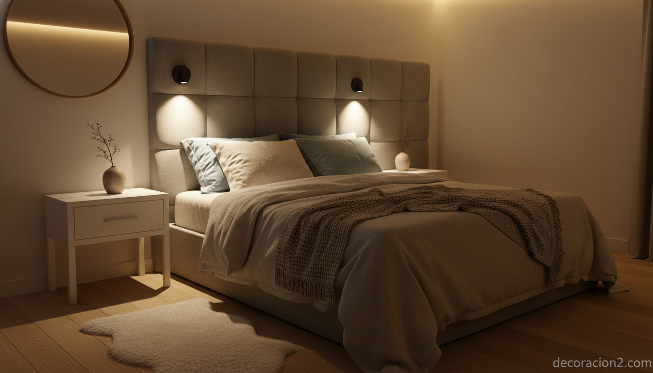 Lámparas de pared de Vibia: el aplique Basik y cómo iluminar tu casa con diseño 2 Apliques de pared junto al cabecero de un dormitorio acogedor