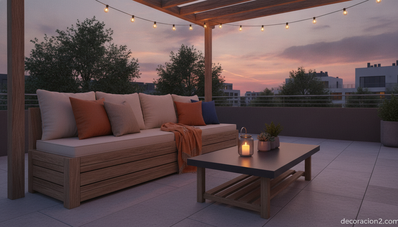 Banco de exterior en una terraza al atardecer con iluminación cálida