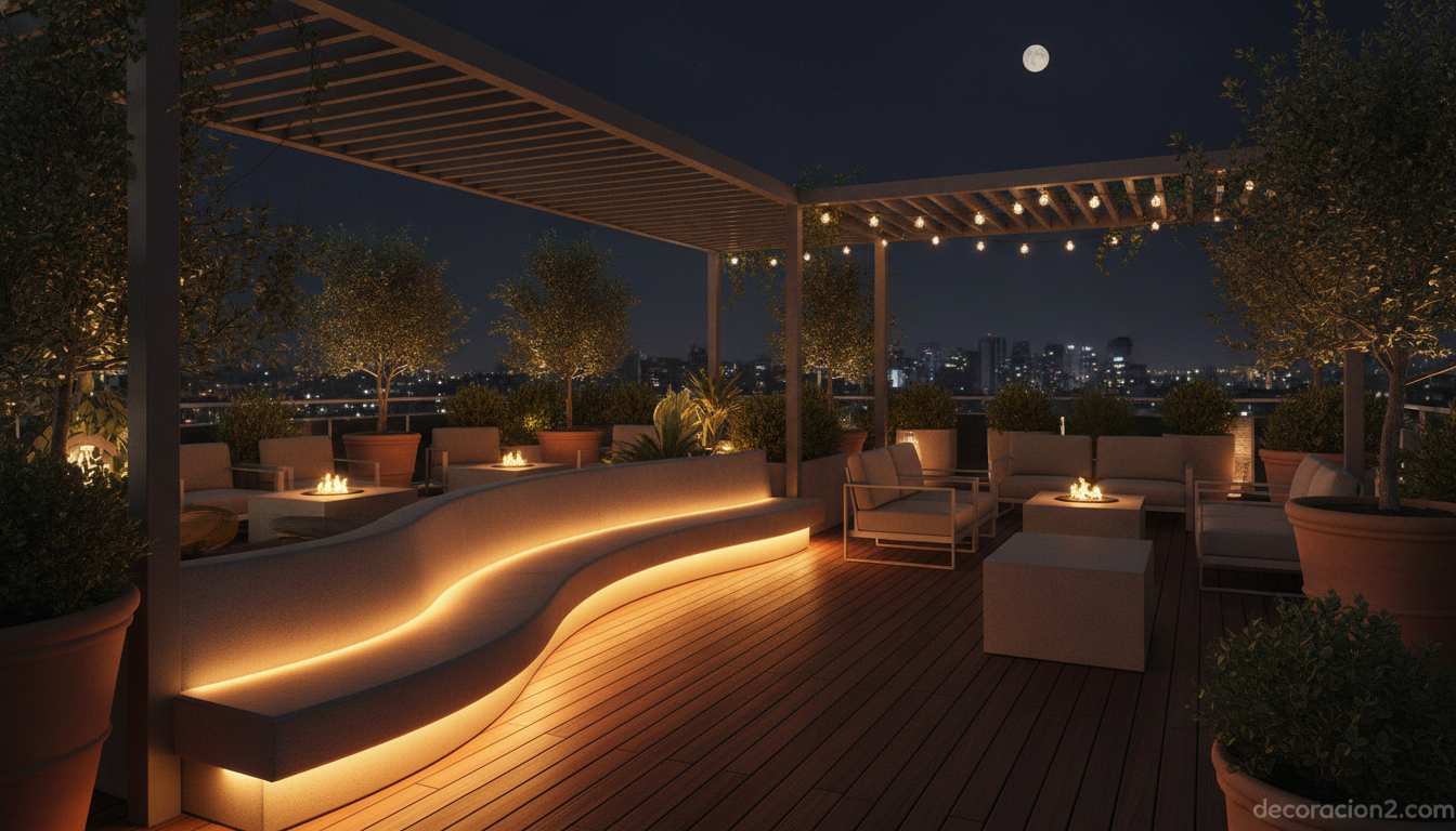 Banco LED curvo iluminando una terraza urbana de noche