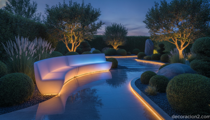 Banco con luces LED iluminando un jardín moderno al atardecer